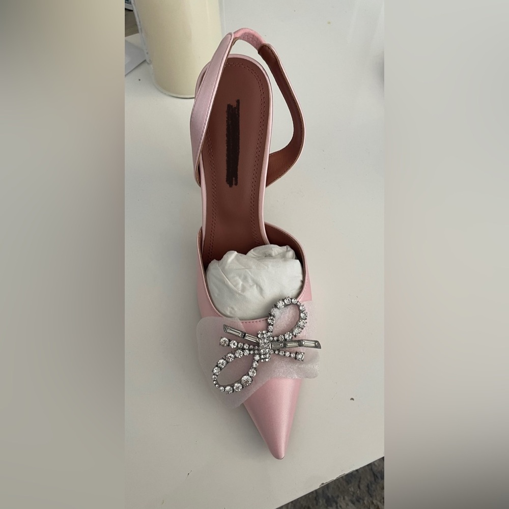 Pink satin heel with embellishment -never worn!